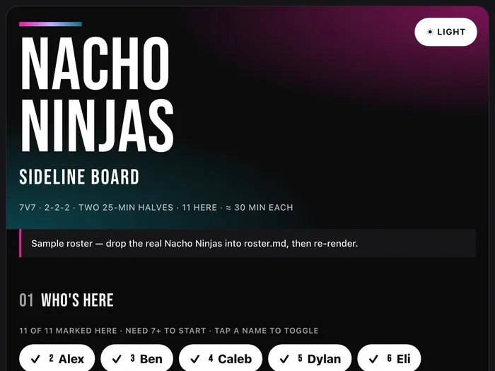 Nacho Ninjas sideline board — offline lineup tool