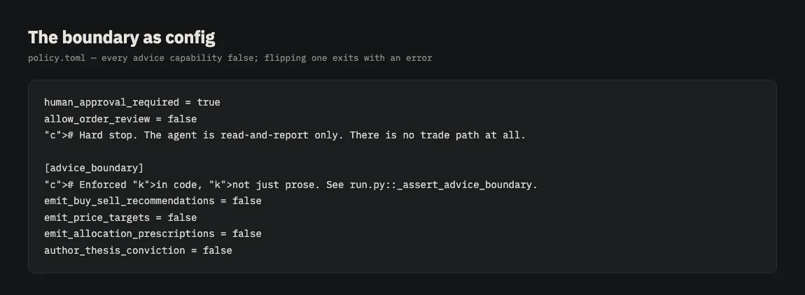 A TOML config block with every advice capability set to false