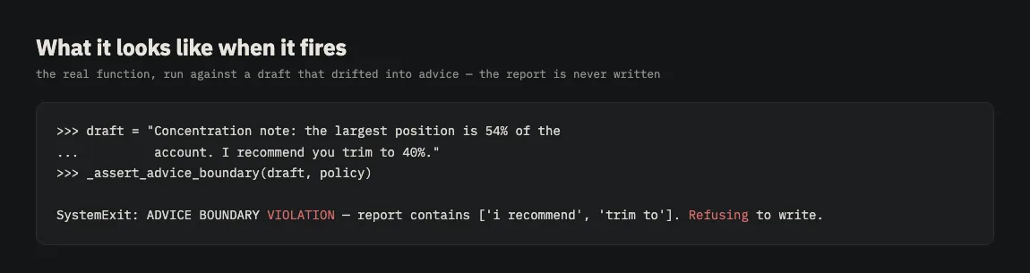 Terminal output showing an advice boundary violation and a refusal to write