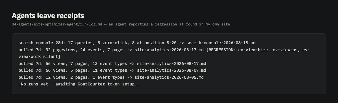 A run log with dated entries, one flagged as a regression