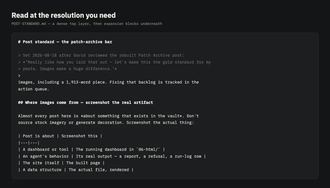 A markdown file with a compressed summary at top and detailed sections below
