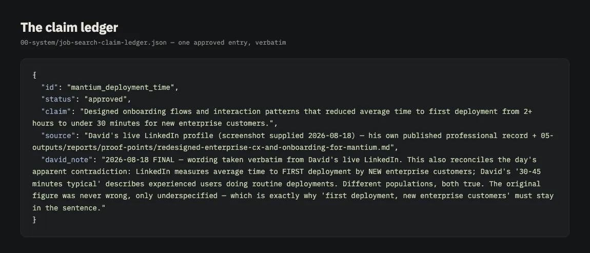 A JSON claim entry showing id, status, claim text, and a source file path