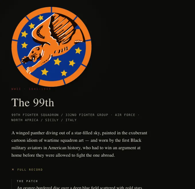 The 99th Fighter Squadron record — the Tuskegee Airmen