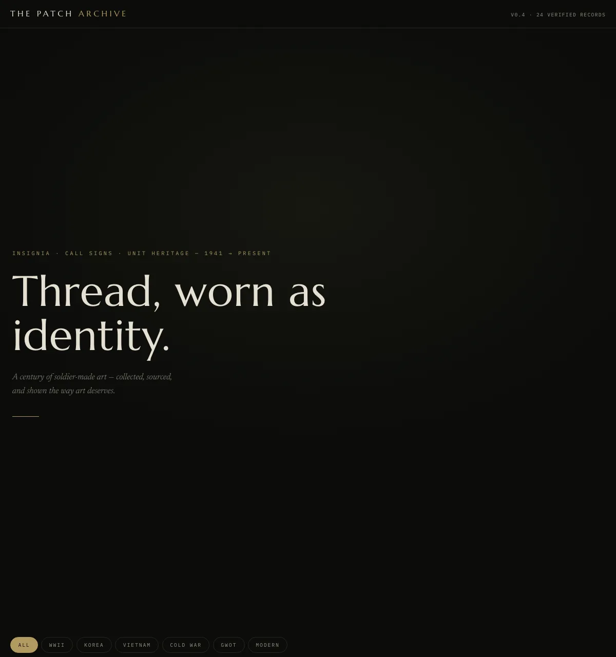 The Patch Archive homepage, set in a serif display face on black with era filter chips
