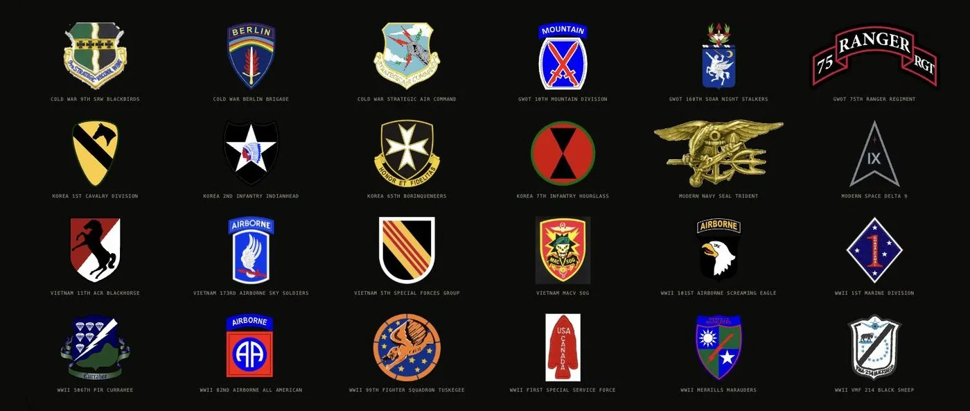 Contact sheet of all twenty-four patches in the archive, from WWII through the modern era