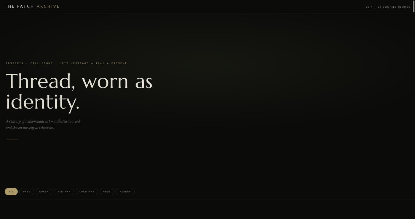 The Patch Archive home screen, dark background with the headline Thread, worn as identity