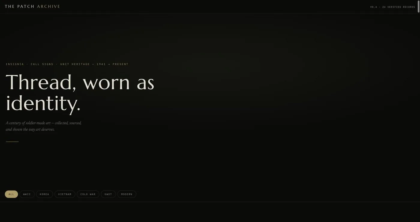 The Patch Archive home screen, dark background with the headline Thread, worn as identity
