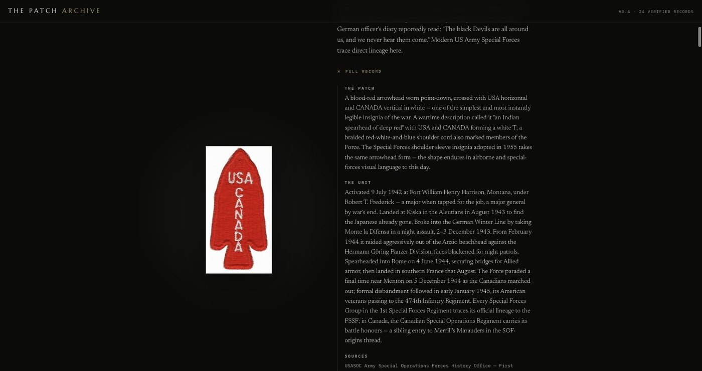 An expanded record for the First Special Service Force showing the patch description, unit history, and a sources list