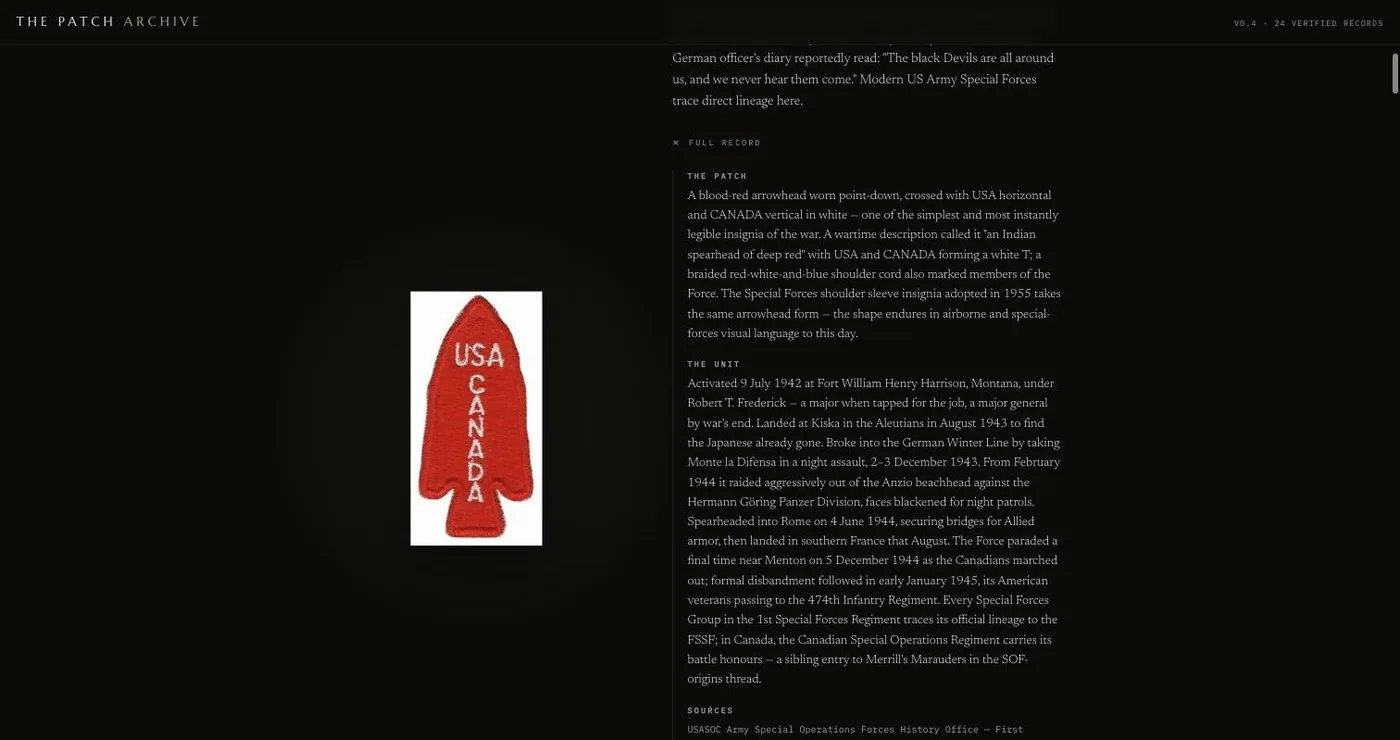An expanded record for the First Special Service Force showing the patch description, unit history, and a sources list