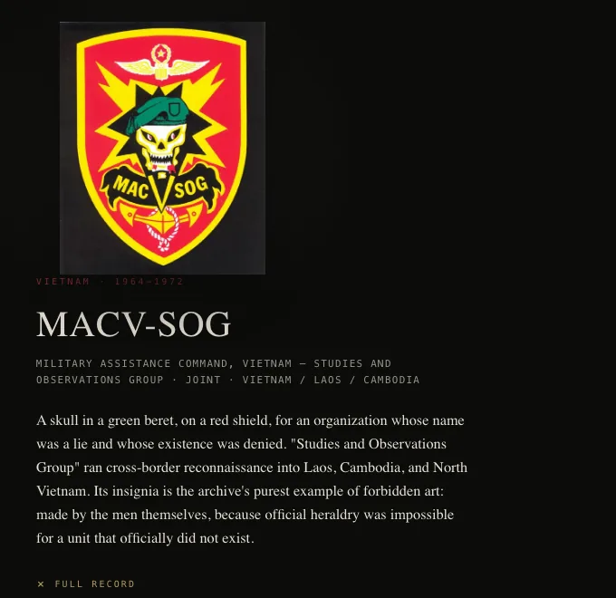 The MACV-SOG record — a white skull in a green beret on a red shield