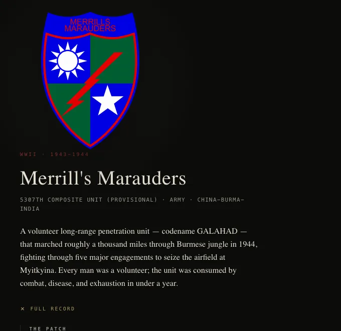The Merrill's Marauders record — shield quartered blue and green with white sun, star, and red lightning bolt