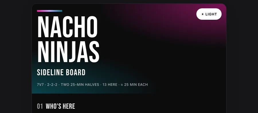 The sideline board header in tall condensed capitals on a dark screen
