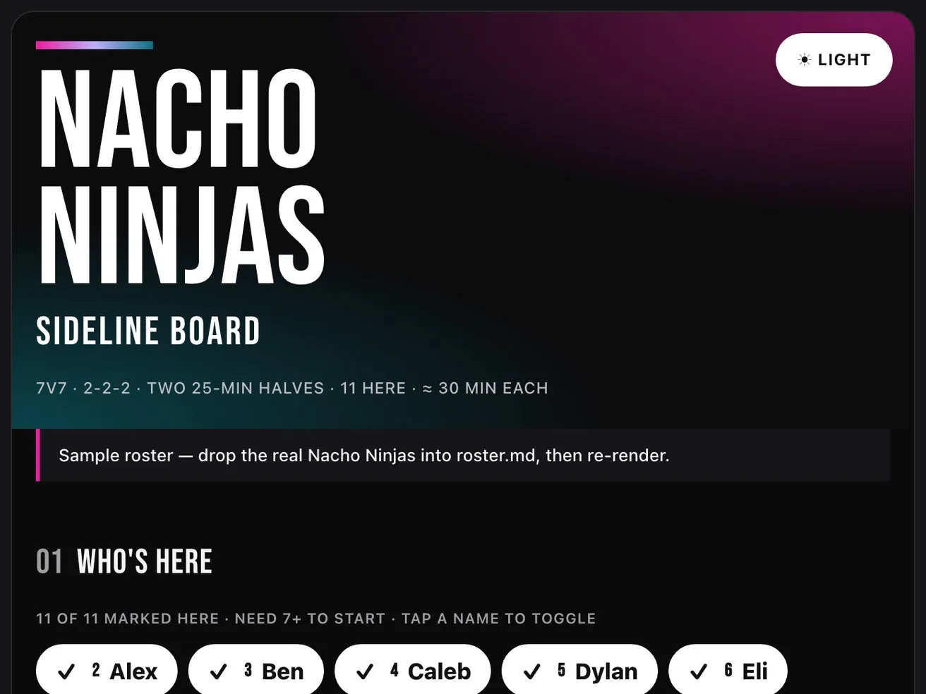 Nacho Ninjas sideline board — offline lineup tool