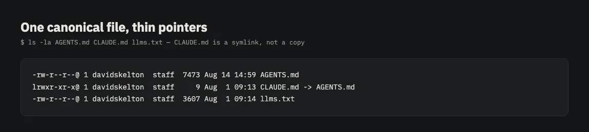 A terminal listing showing CLAUDE.md as a symbolic link pointing to AGENTS.md