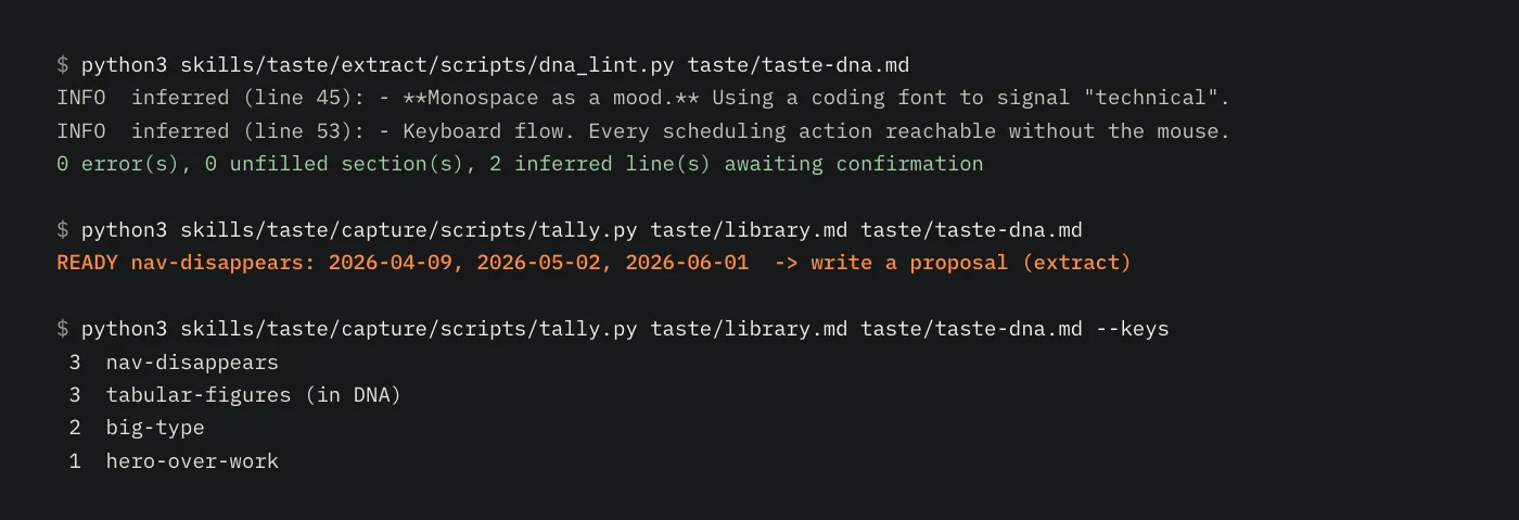 Terminal output from the pack's two scripts: the lint reporting zero errors and two inferred lines awaiting confirmation on the example file, and the tally reporting one signal ready to propose with its three dates