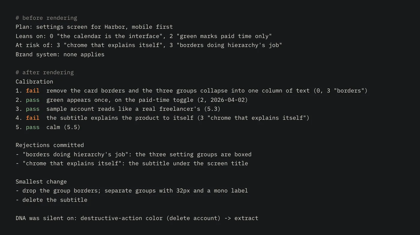 The review format from the pack: a four-line plan block, then a numbered calibration block with pass and fail verdicts, a rejections-committed list, and a smallest-change list