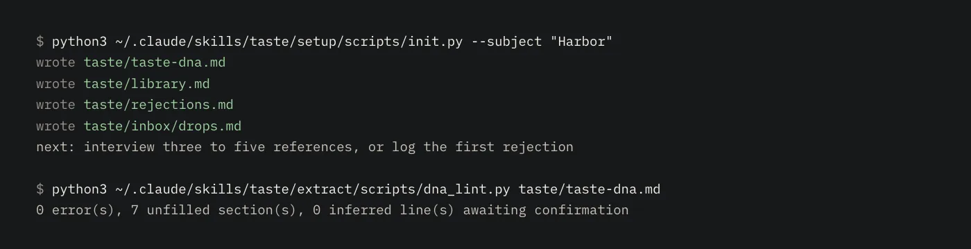 Terminal output of the setup script creating four files in a taste folder, followed by the lint reporting zero errors and seven unfilled sections on the fresh file